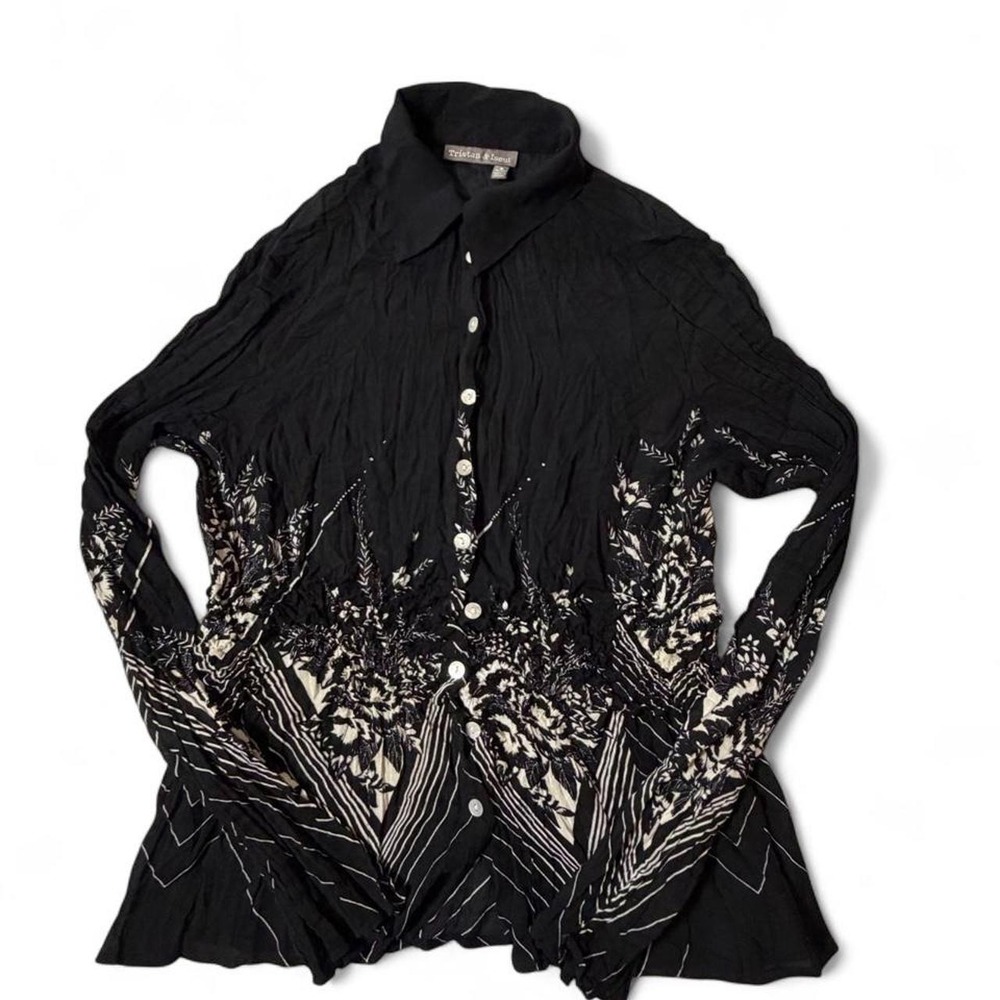 Vintage Y2K Tristan & Iseut Whimsigoth Crinkle Floral Border Print  Blouse